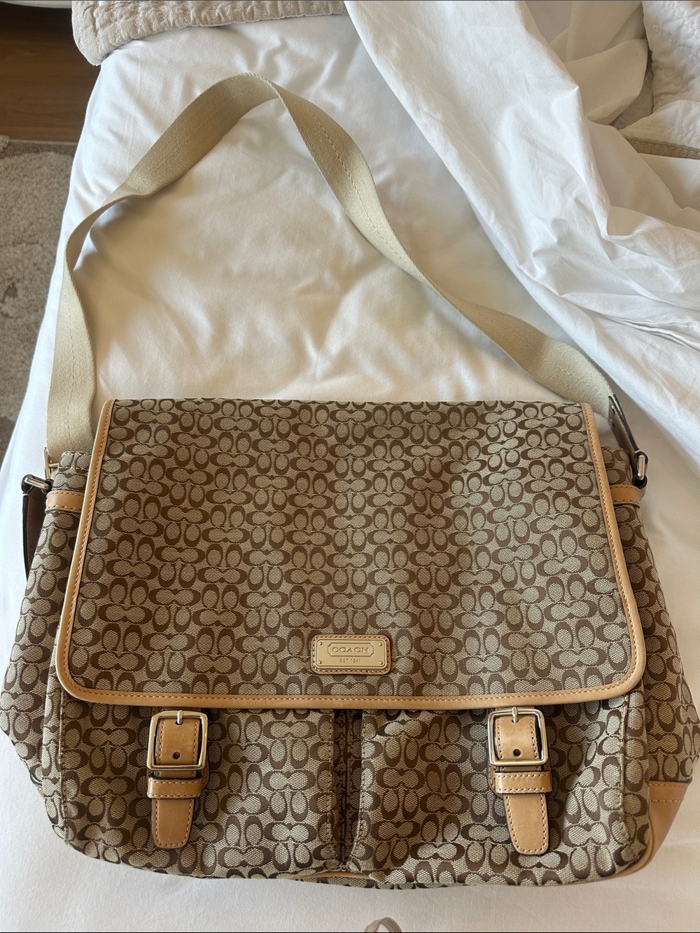 (Negotiable) Coach Signature Canvas Messenger Bag in Brown and Tan